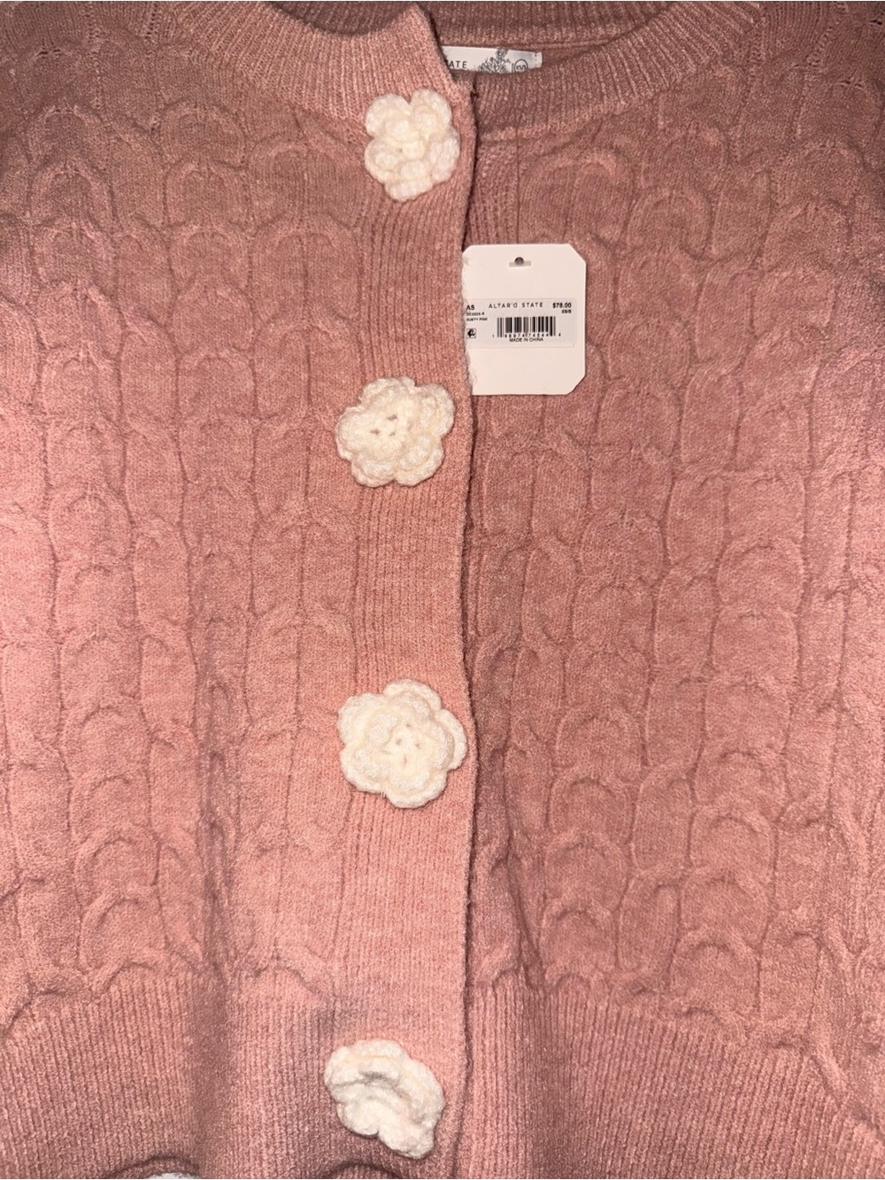 Altar'd State Blush Pink Cable Knit Cardigan with Floral Buttons NWT - Picture 3 of 4